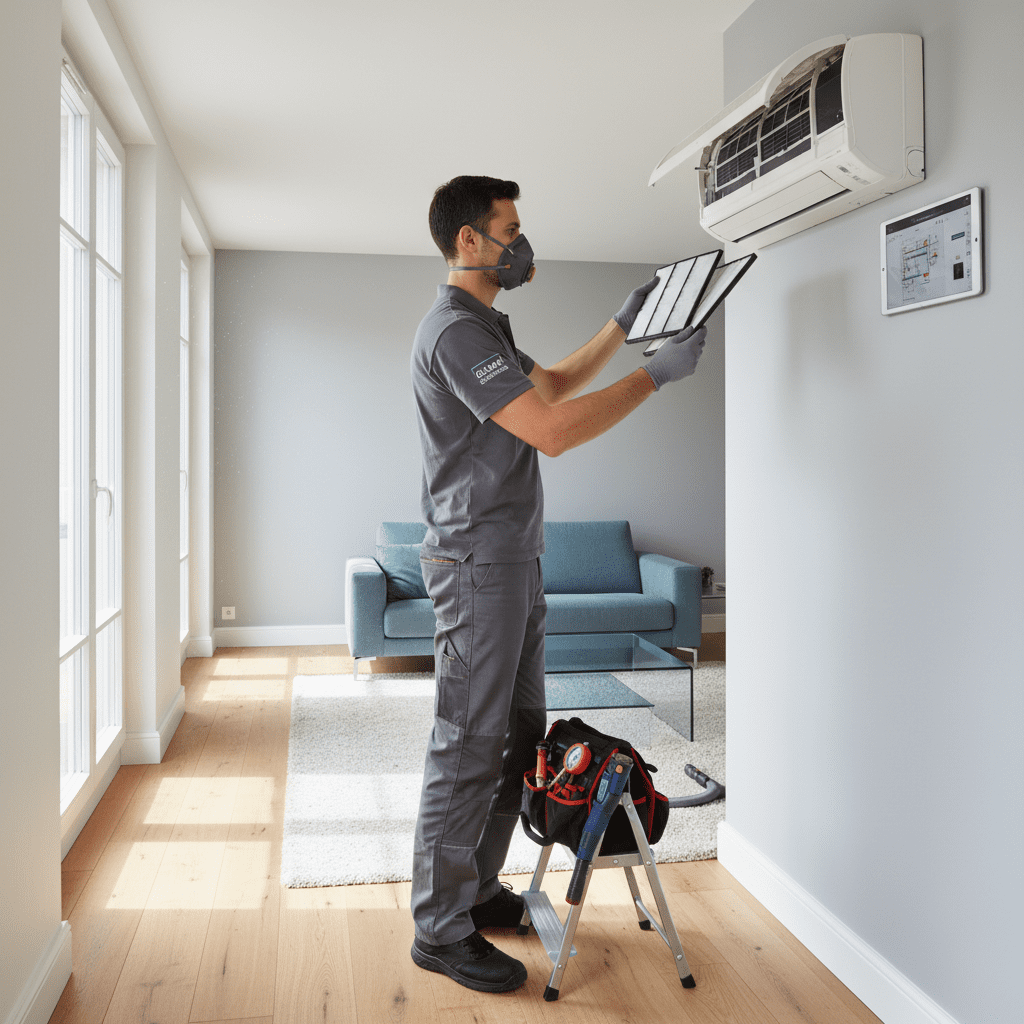 Technicien effectuant l'entretien d'une climatisation