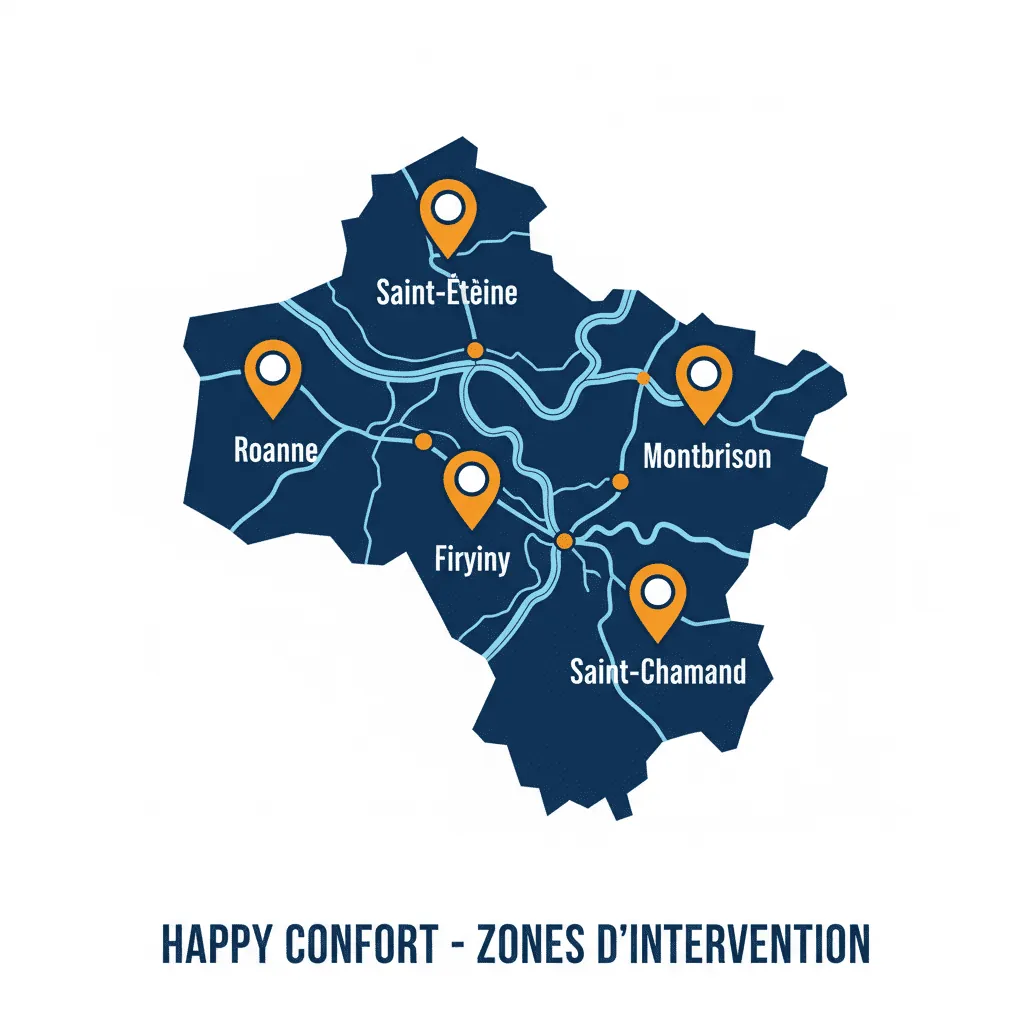 Carte des zones d'intervention Happy Confort dans la Loire pour l'installation de climatisation