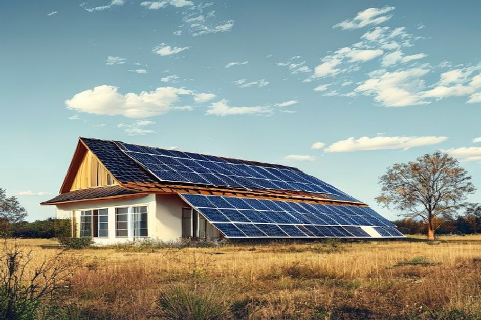 Panneaux solaires photovoltaïques sur une toiture, installés par Happy Confort à Feurs dans la plaine du Forez