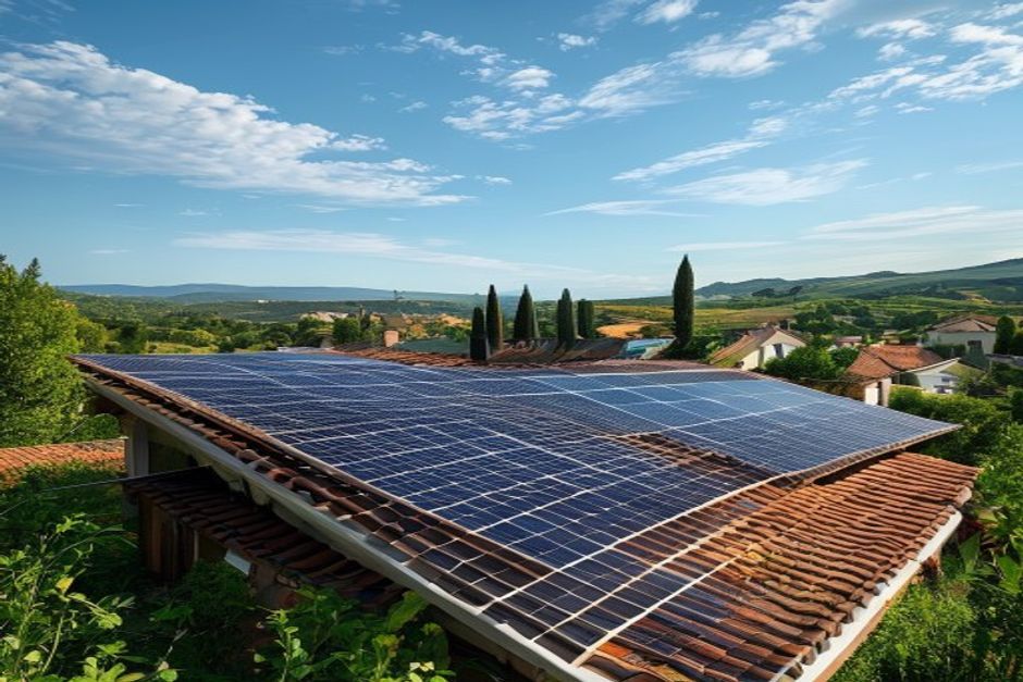 Panneaux solaires photovoltaïques sur une toiture, installés par Happy Confort à Lorette, vallée du Gier
